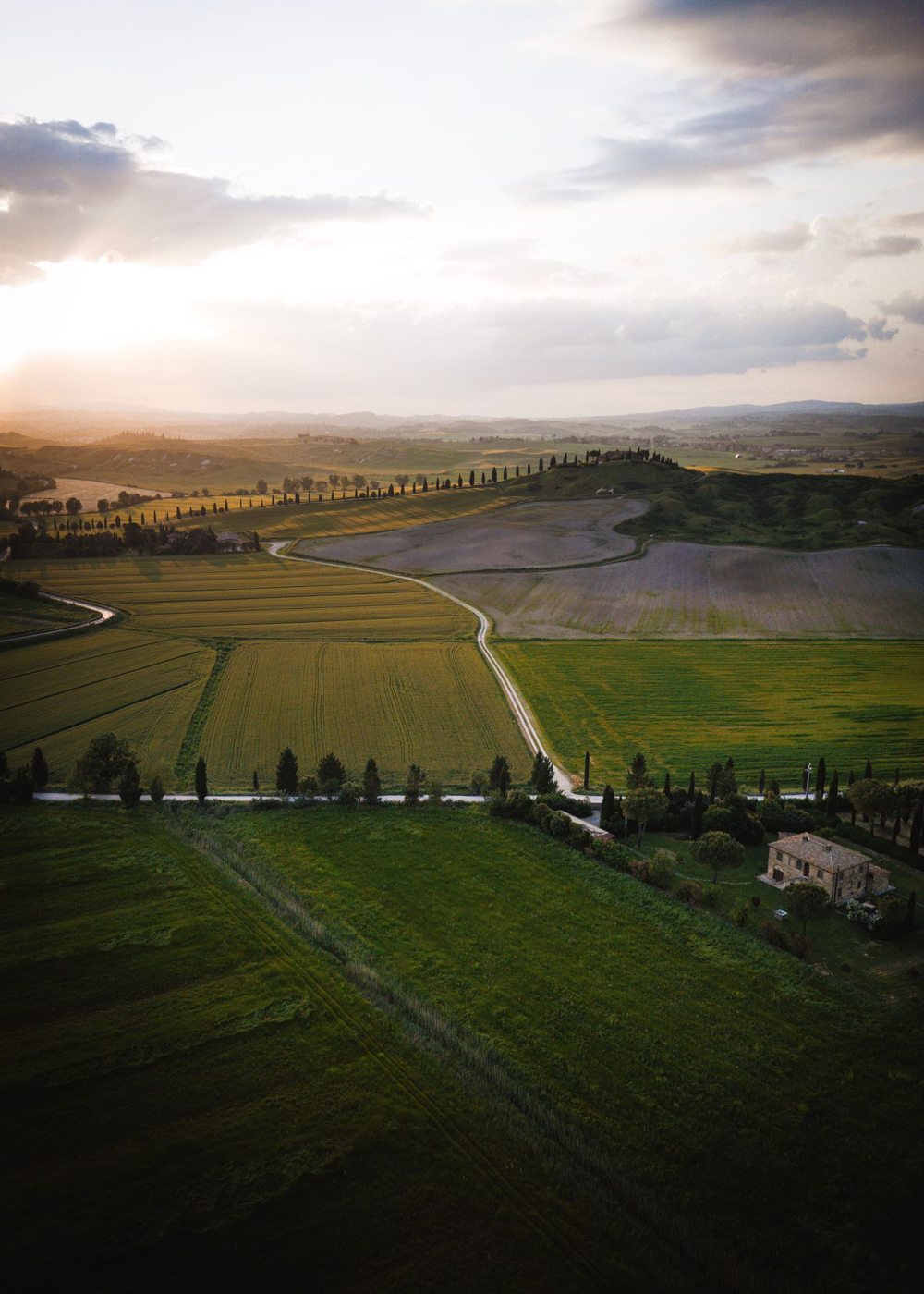 Campi e colline toscane alla luce del tramonto