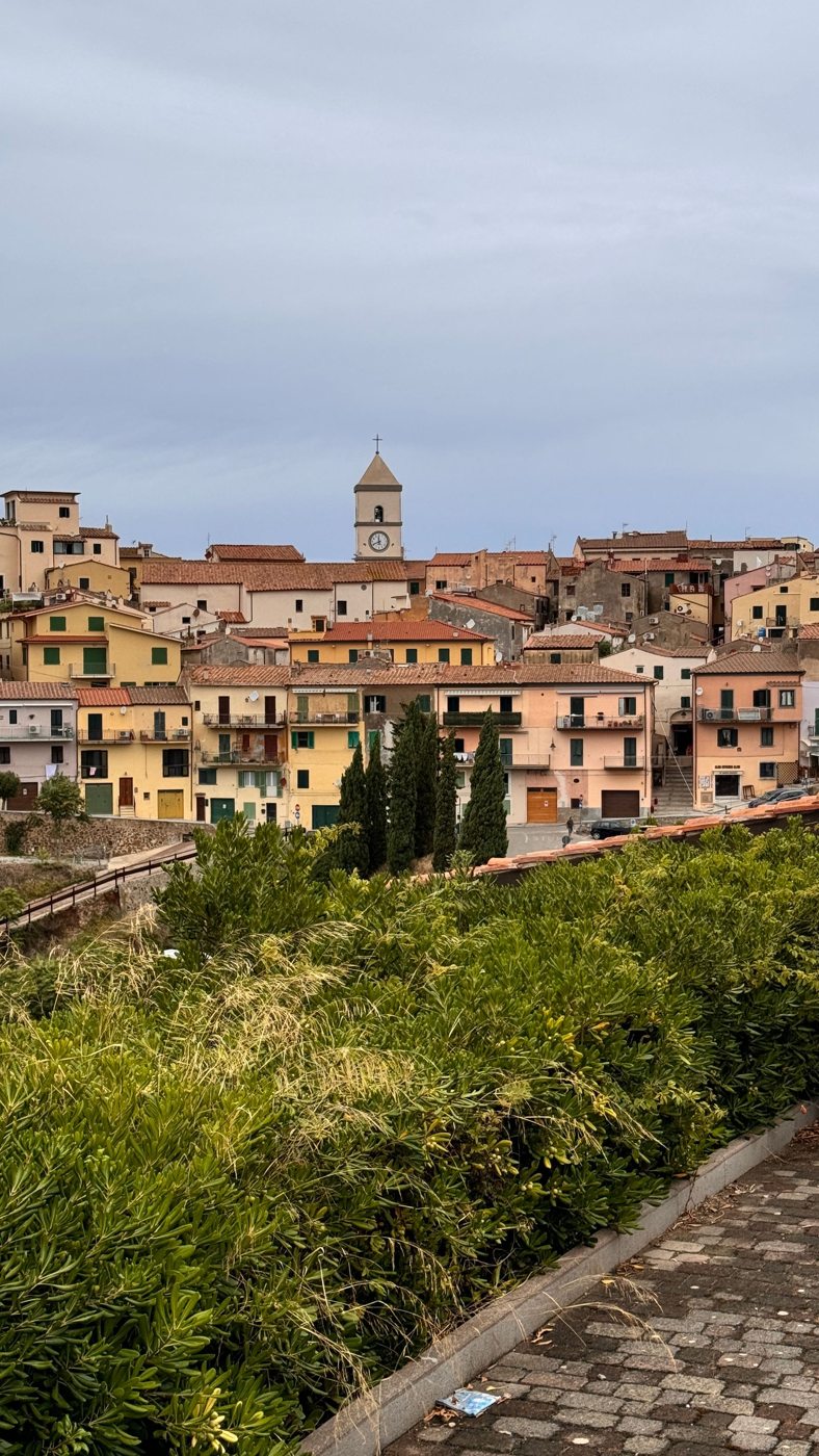 Case e verde intorno a un borgo toscano