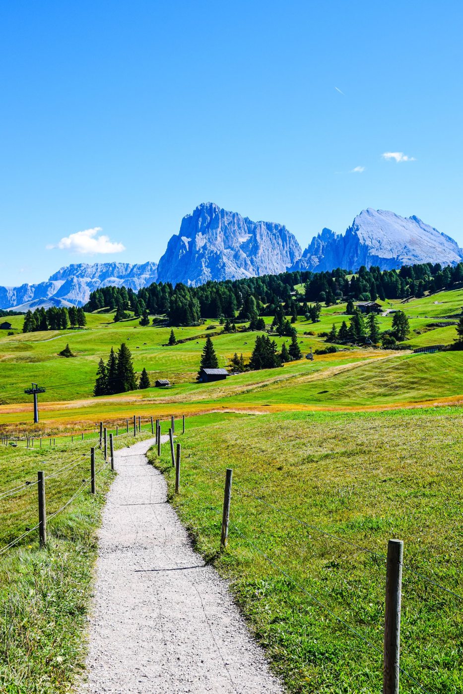 Sentiero chiaro attraverso un prato nelle Dolomiti
