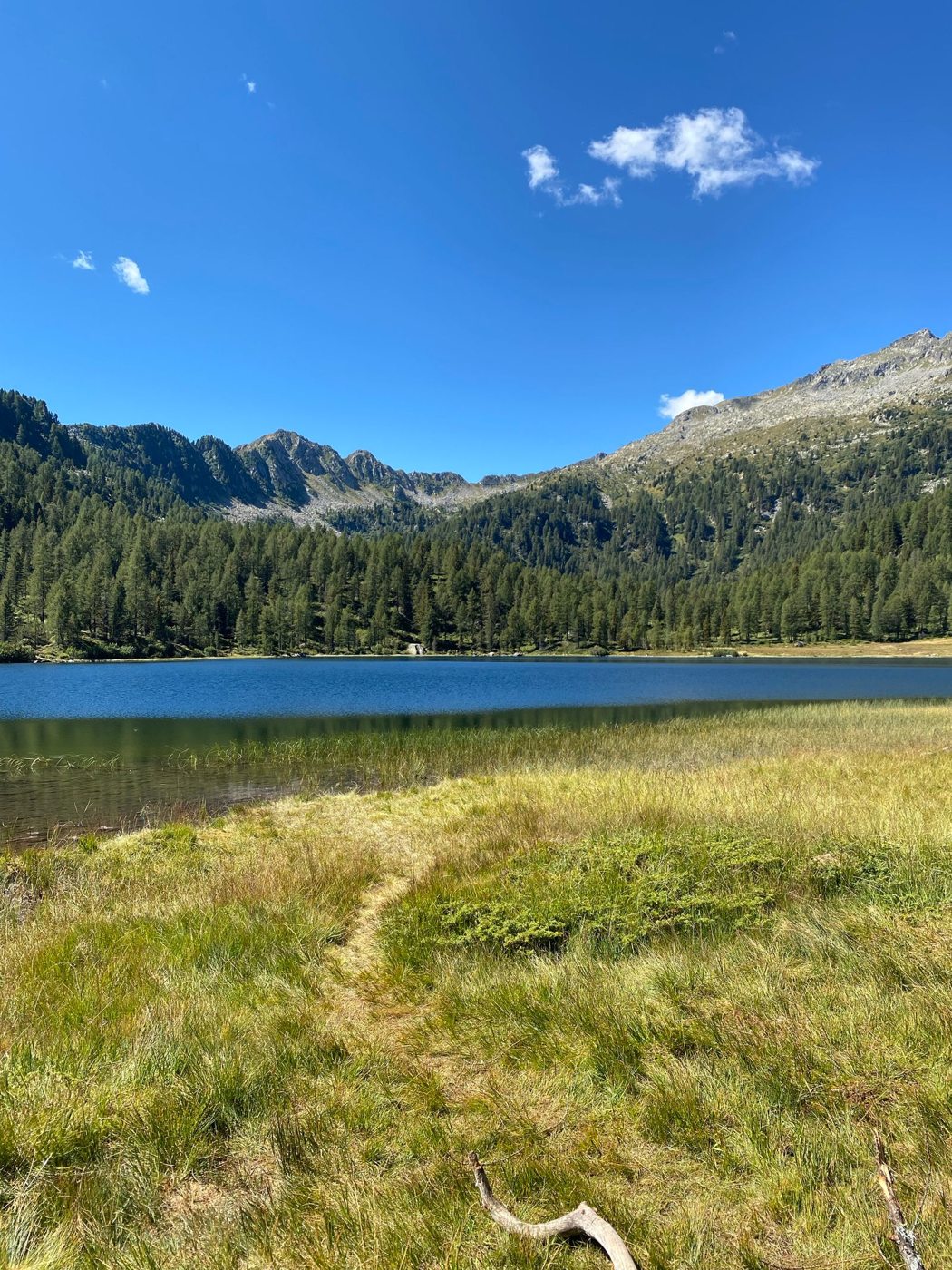 A lake and meadows beneath the Dolomites