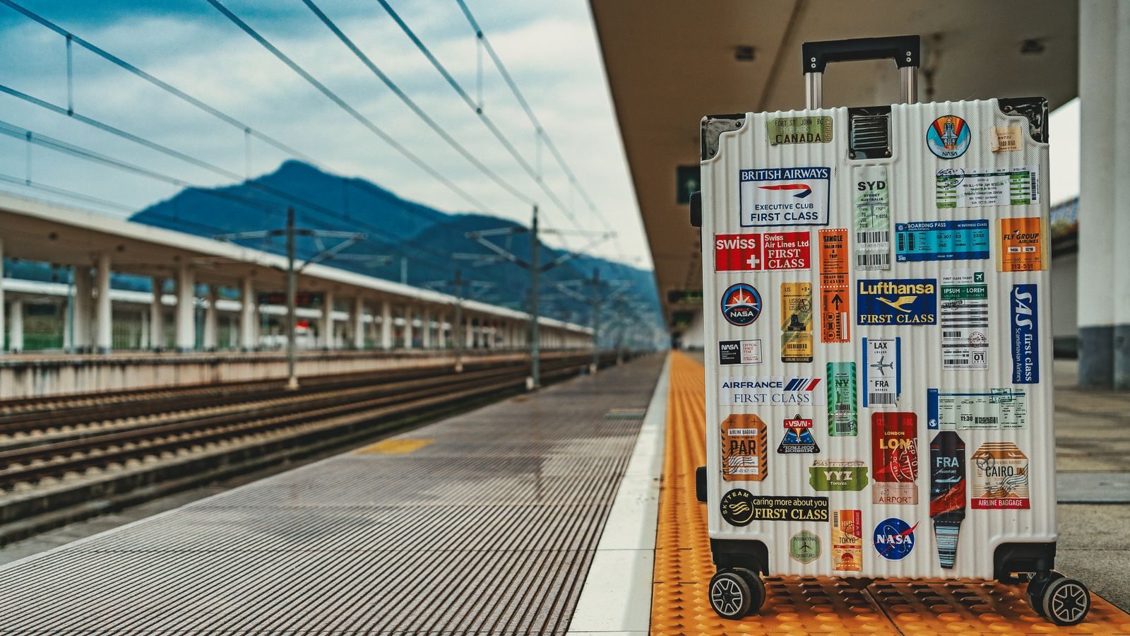 A suitcase on a railway platform